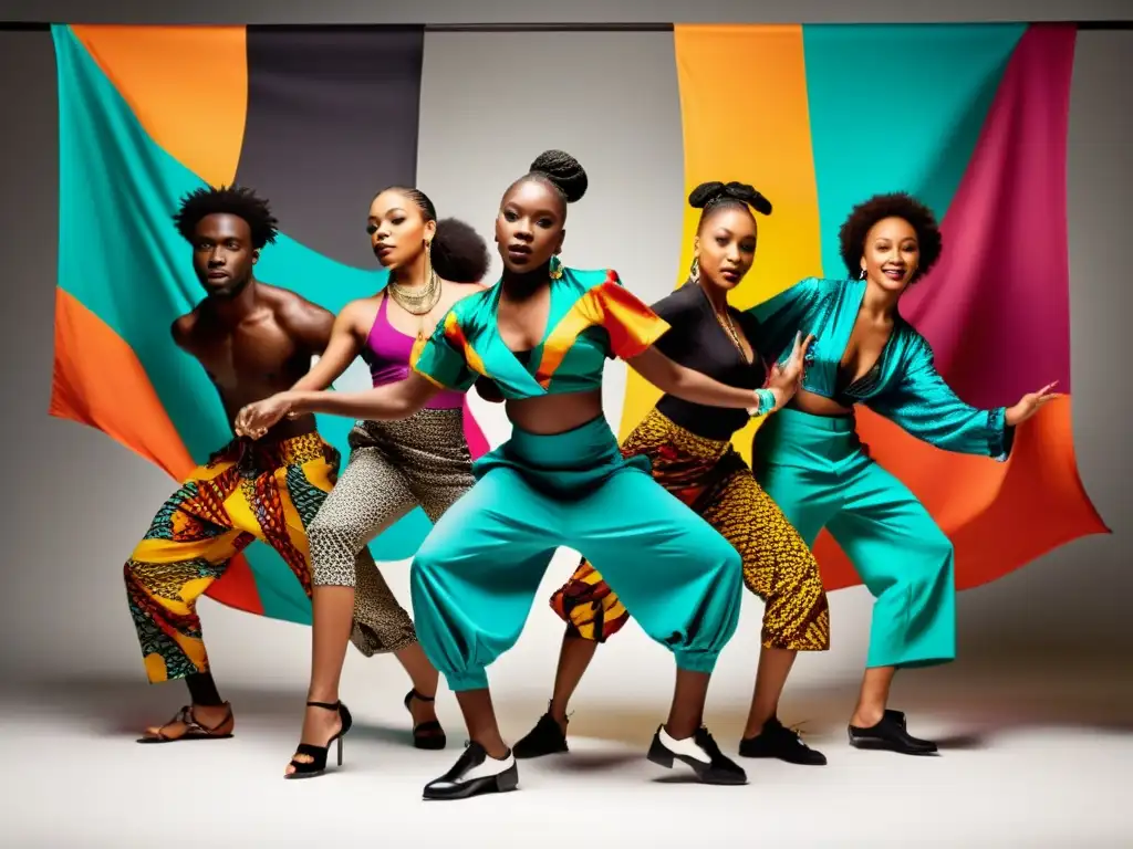 Grupo de bailarines en una coreografía dinámica y vibrante, fusionando la danza africana tradicional con estilos urbanos modernos