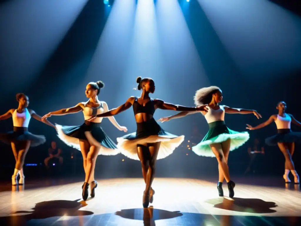 Un grupo de bailarines ejecuta una coreografía sincronizada en un escenario, iluminados dramáticamente