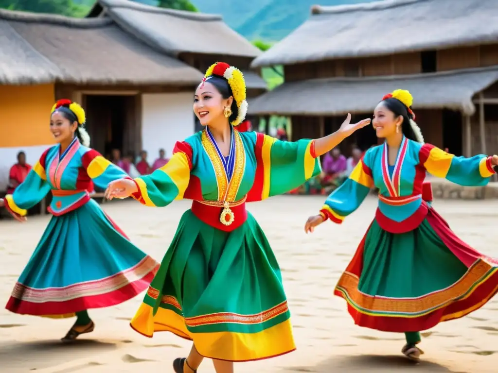 Grupo de bailarines ejecutando coreografía tradicional en la plaza del pueblo, vistiendo trajes vibrantes