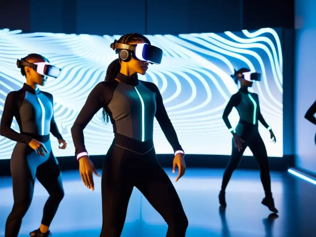 Un grupo de bailarines practica coreografías en un estudio de vanguardia, usando tecnología de realidad virtual y trajes de captura de movimiento