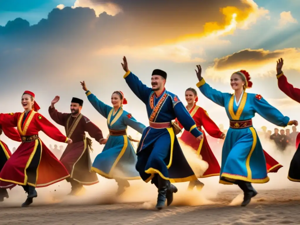 Un grupo de bailarines cosacos ejecutando la danza tradicional ucraniana con pasión y determinación, vestidos con trajes vibrantes y bordados