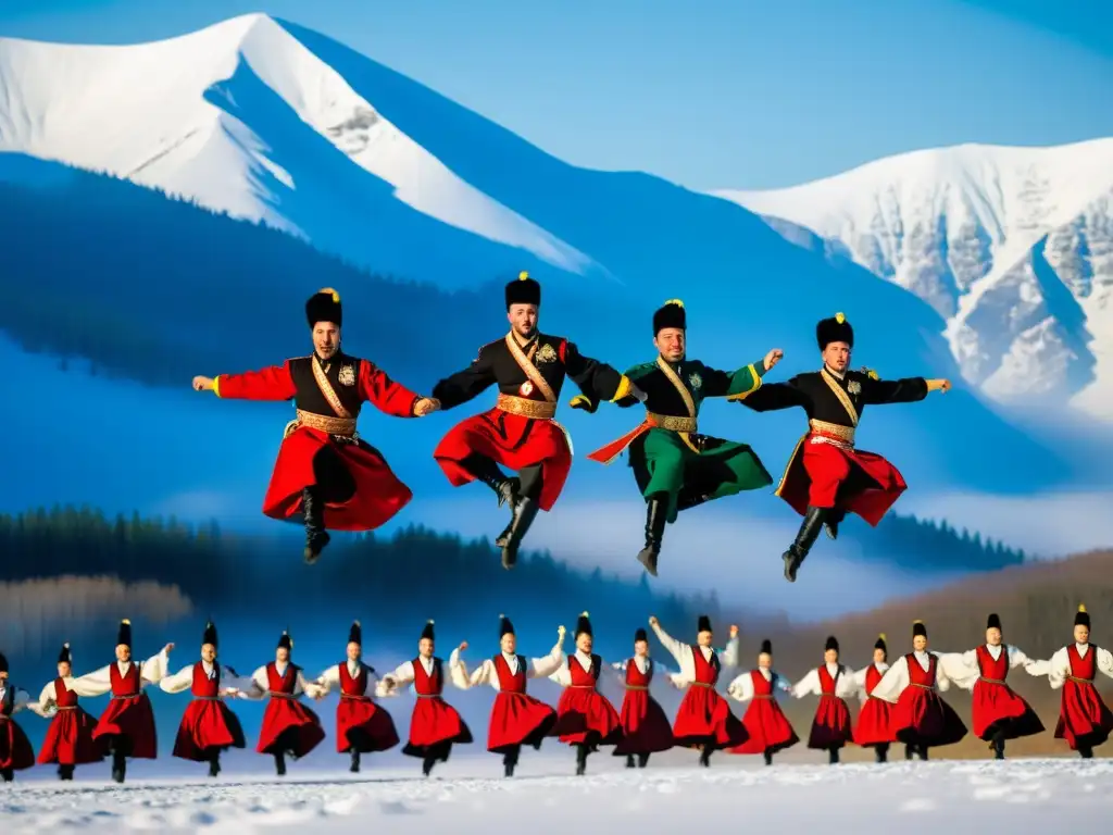 Grupo de bailarines cosacos en pleno salto enérgico, capturando la esencia y significado cultural de la danza cosaca de Siberia