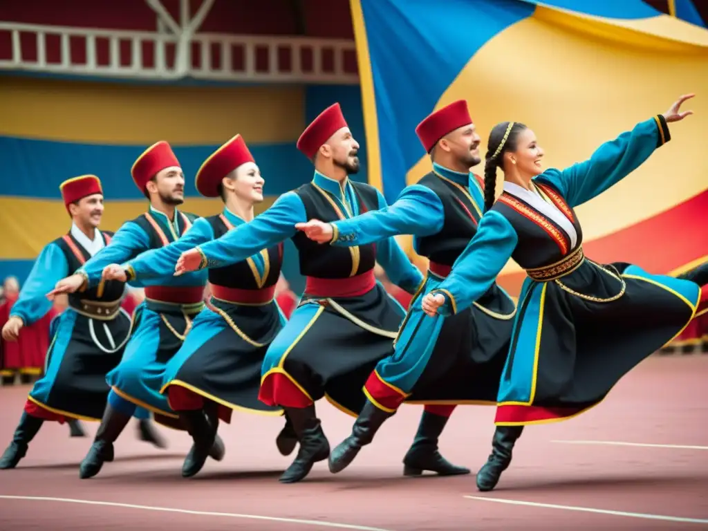 Grupo de bailarines Cossack en trajes tradicionales ucranianos realizando la enérgica Danza Cossack en un ambiente vibrante y colorido