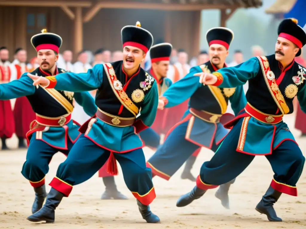 Un grupo de bailarines cossacos enérgicos y apasionados en trajes tradicionales ucranianos realiza una impactante danza