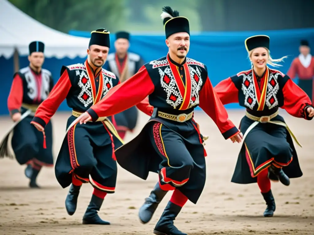 Un grupo de bailarines cossacos en trajes tradicionales ucranianos, realizando el Hopak, una danza tradicional ucraniana llena de energía y pasión