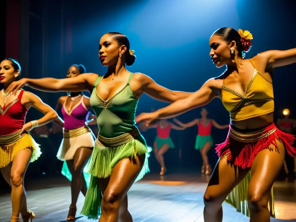 Grupo de bailarines cubanos expresan el significado emocional de la Rumba cubana con pasión y precisión, inmersos en la cultura vibrante