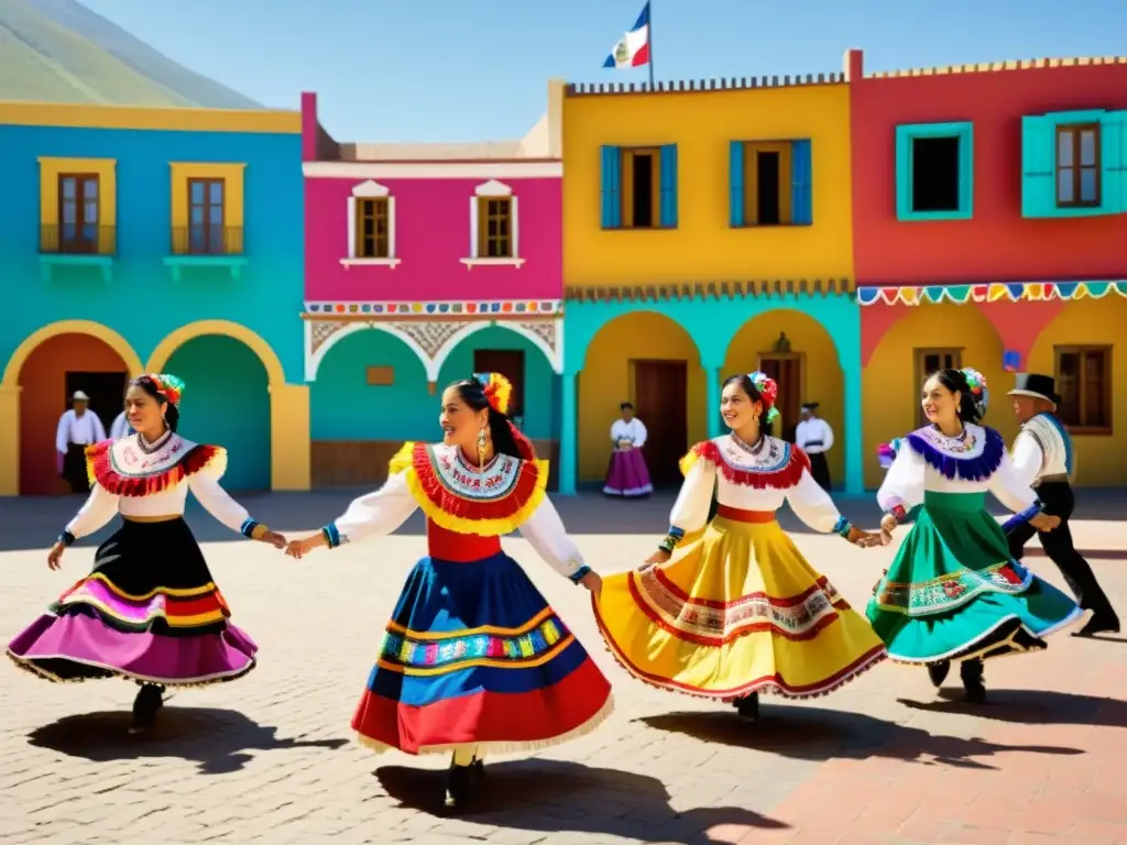 Grupo de bailarines de cueca chilena con trajes vibrantes en la plaza