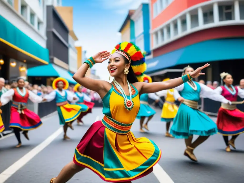 Grupo de bailarines de distintas culturas danzando en la calle de una ciudad vibrante, reflejando la música en danzas tradicionales globales