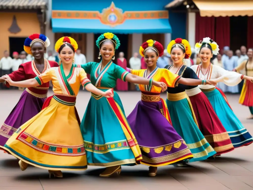 Baile tradicional: diversidad y energía en el mercado Un grupo de bailarines de diferentes culturas danzan en círculo con trajes tradicionales, mostrando la diversidad y energía de la danza tradicional