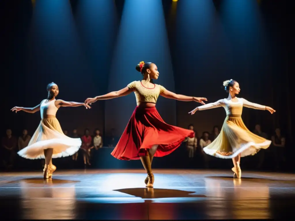 Grupo de bailarines de diversas culturas integran danzas tradicionales modernas en un escenario iluminado, cautivando al público