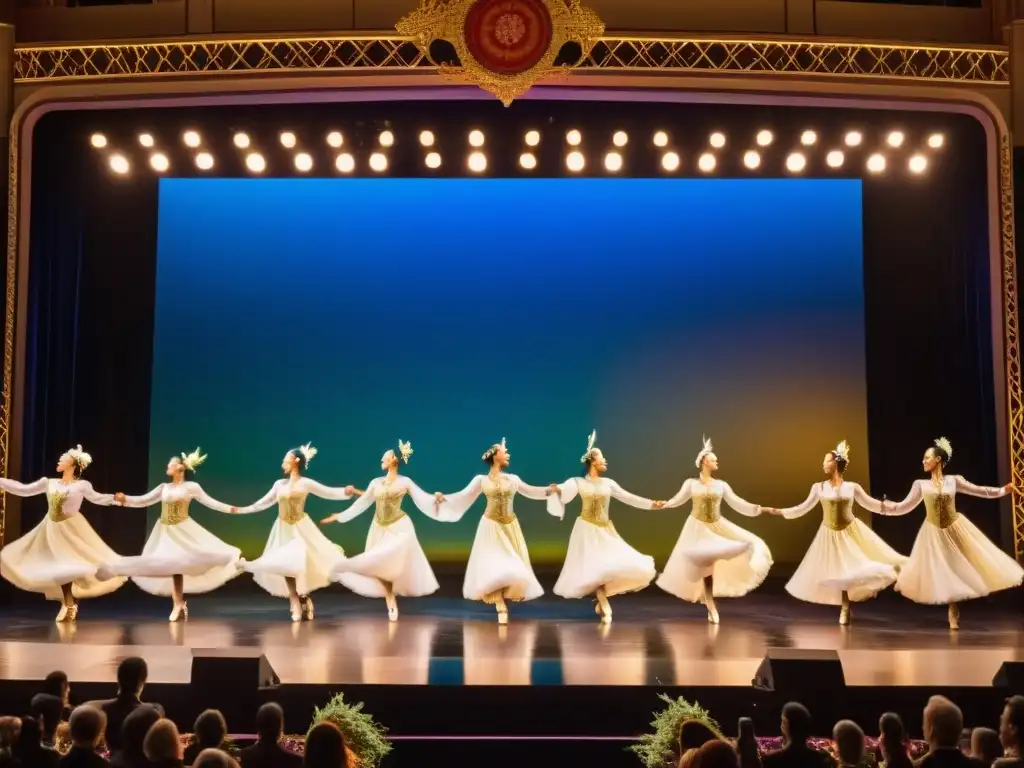 Grupo de bailarines de distintas culturas ejecutan danzas en un escenario, con paquetes VIP eventos danza mundial