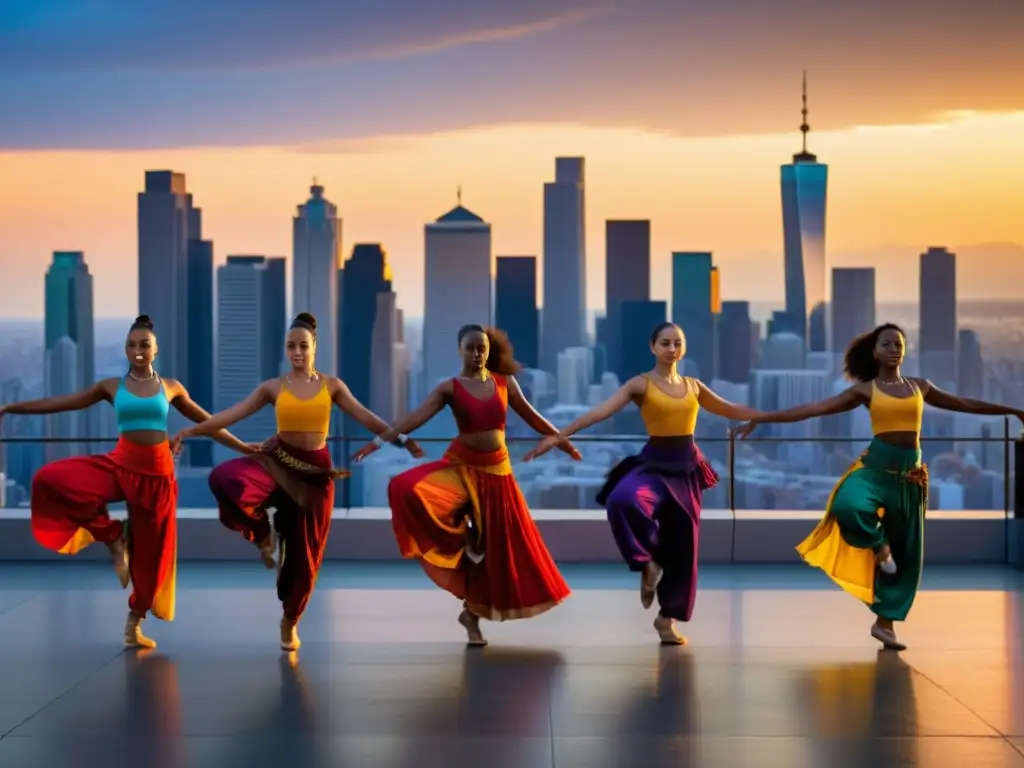 Un grupo de bailarines de diferentes culturas se unen en un entorno urbano vibrante, representando una rica diversidad de tradiciones