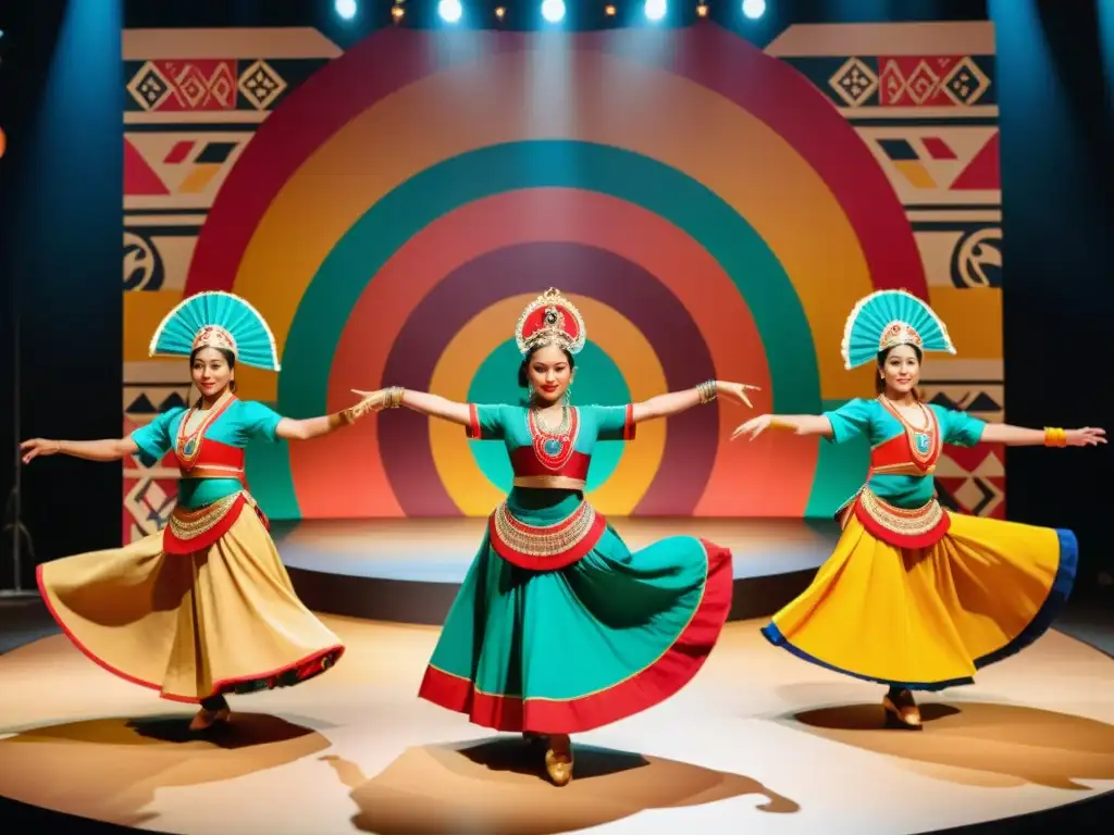 Grupo de bailarines de diferentes culturas danzando en un escenario virtual en Instagram, con trajes coloridos y audiencia diversa