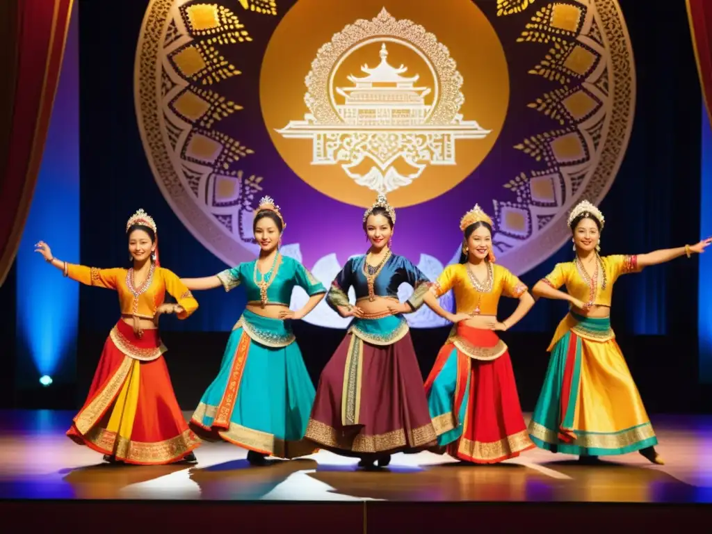 Grupo de bailarines de diferentes culturas en un escenario vibrante con trajes coloridos y movimientos sincronizados