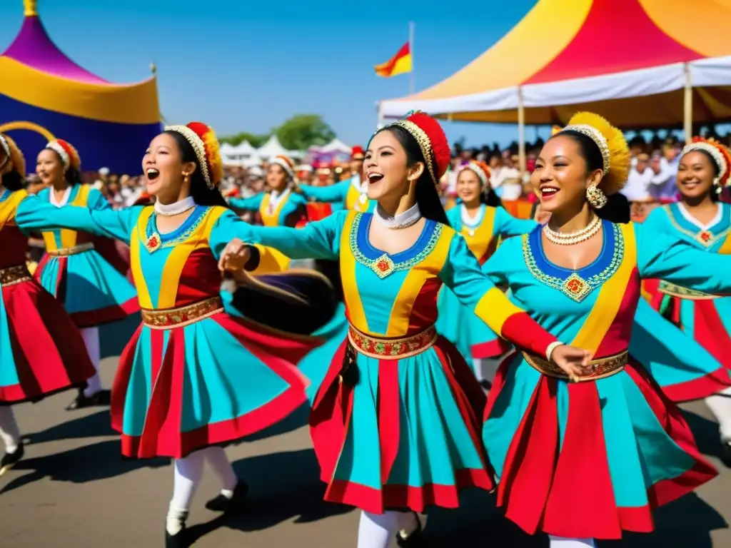 Grupo de bailarines de diferentes culturas danzando en un festival del mundo, con trajes vibrantes y una multitud diversa