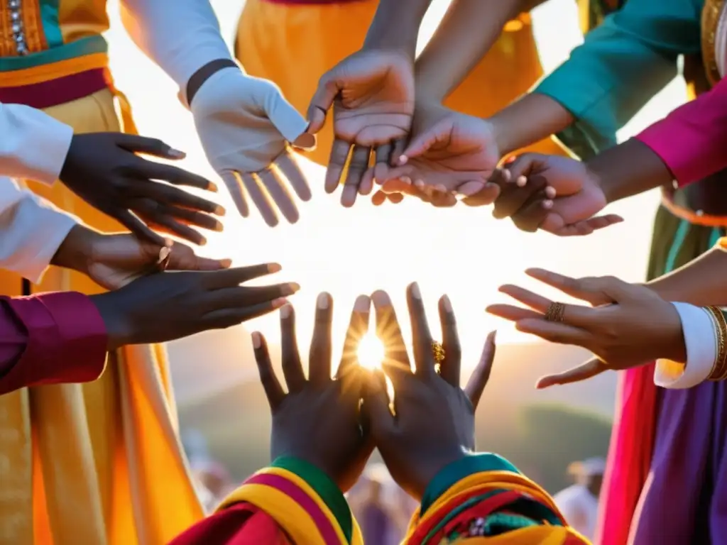 Grupo de bailarines de diversas culturas en inmersión profunda danzas tradicionales mundo, listos para el retiro espiritual al atardecer