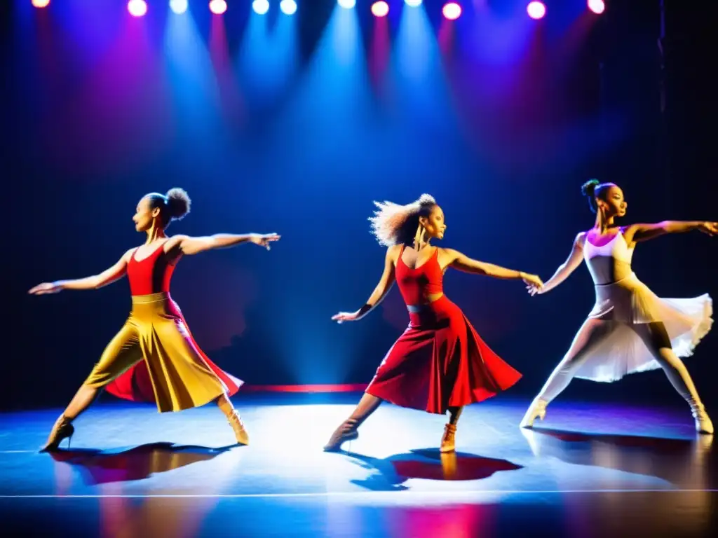 Grupo de bailarines de distintas culturas fusionando ritmos en una dinámica rutina de danza contemporánea, con vestuarios vibrantes y luces dramáticas