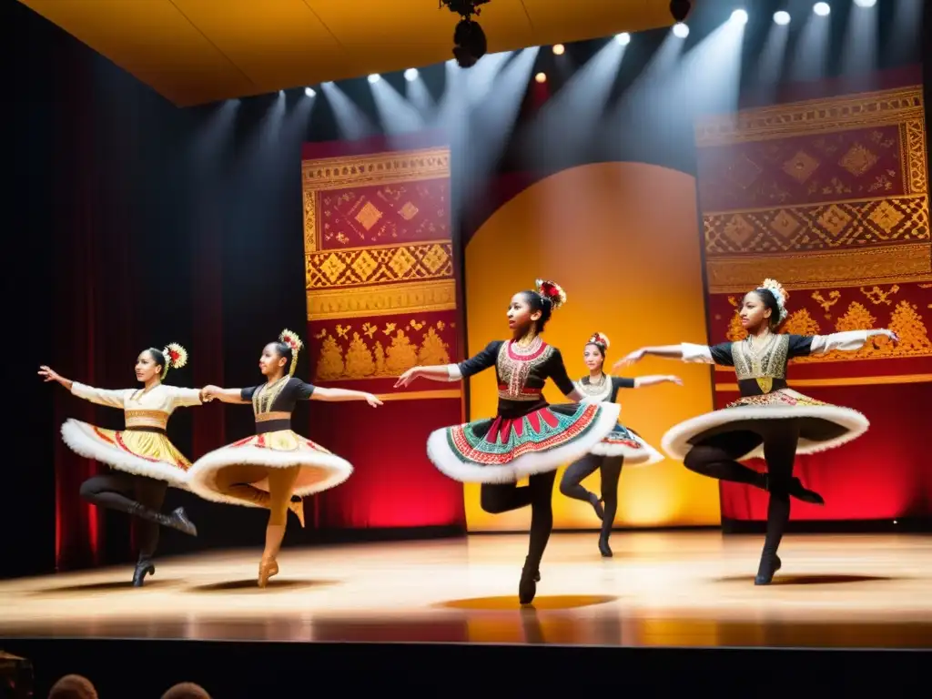 Un grupo de bailarines de diferentes culturas realizan una rutina hipnotizante en un escenario con patrones vibrantes