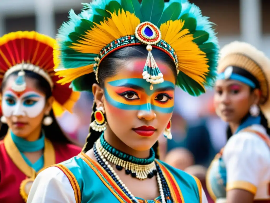 Grupo de bailarines de diferentes culturas danzando con tocados tradicionales, resaltando su significado cultural en la danza