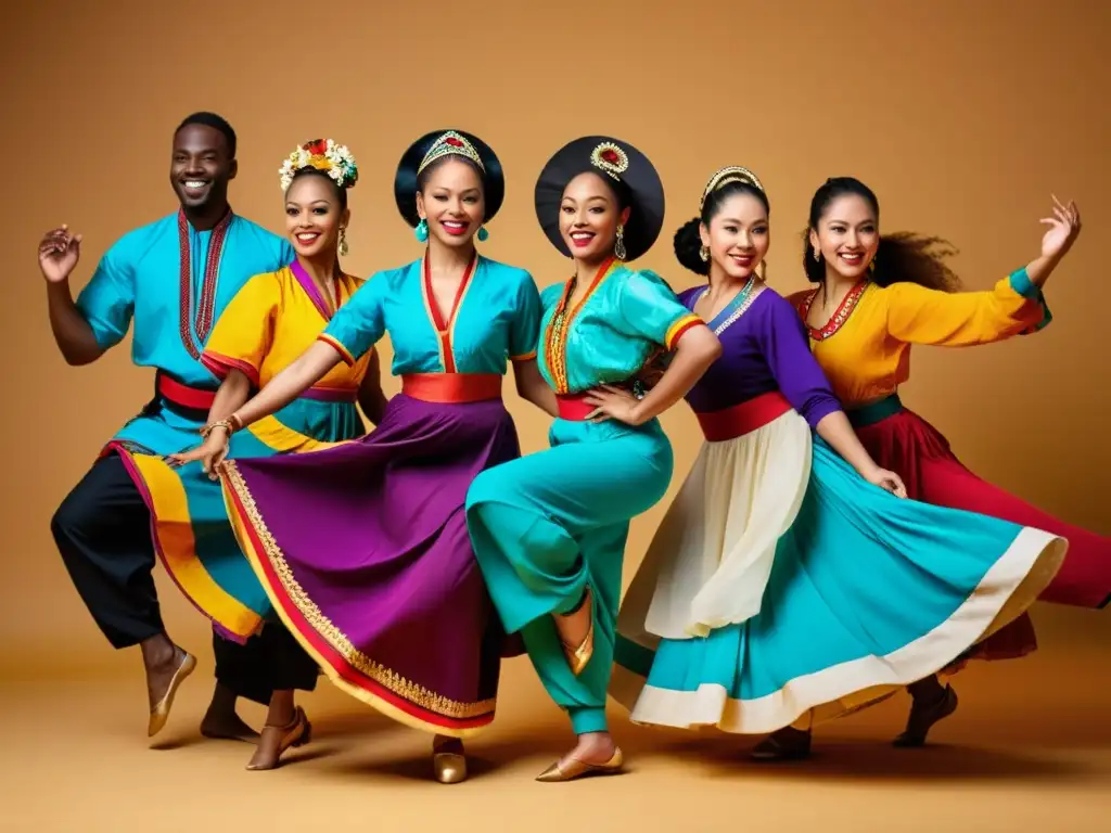 Bailarines del mundo en sincronía: diversidad cultural en movimiento Un grupo de bailarines de diversas culturas y tradiciones, con trajes coloridos, bailando al ritmo de la música