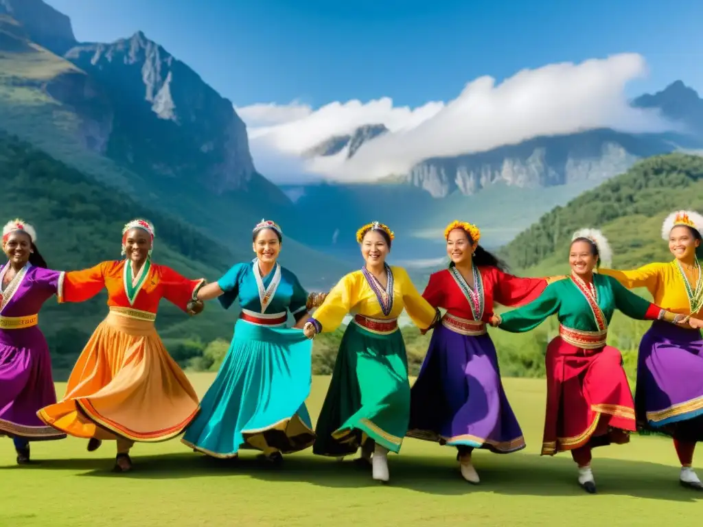 Grupo de bailarines de diferentes culturas en trajes tradicionales, unidos en danza colaborativa