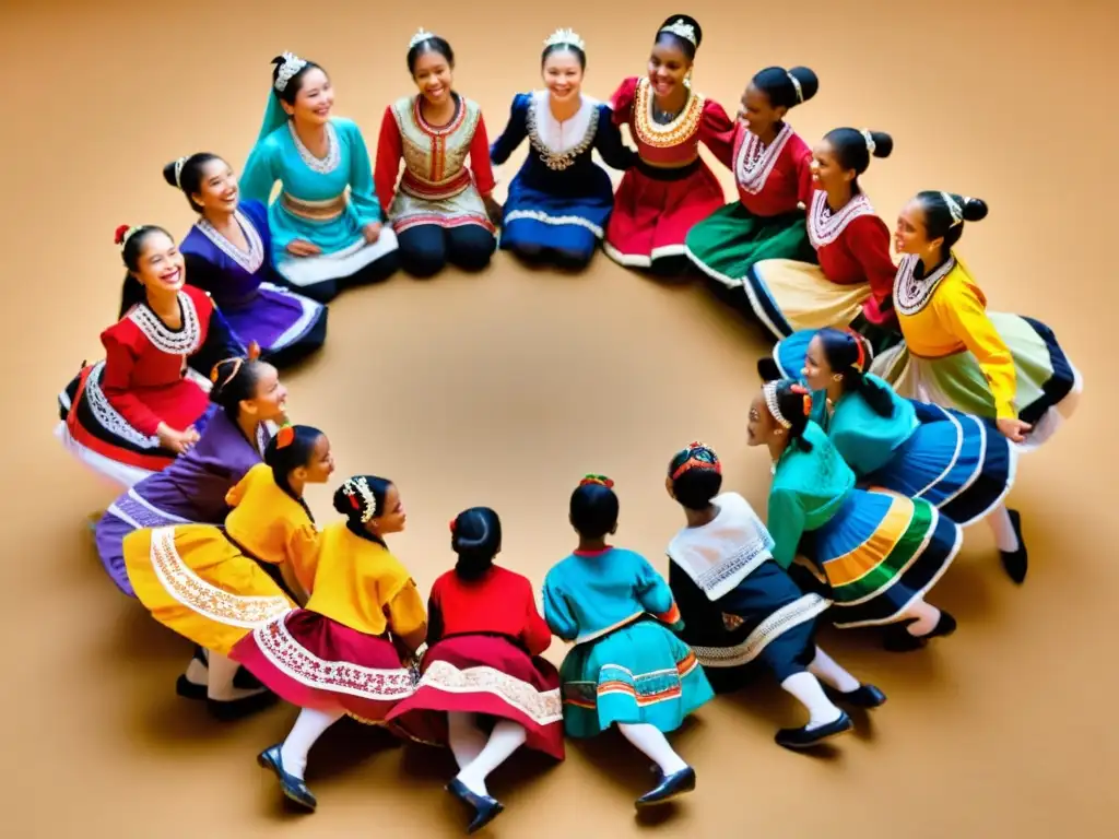 Grupo de bailarines de diferentes culturas en trajes tradicionales, unidos en círculo, disfrutando de una danza folclórica vibrante y colorida