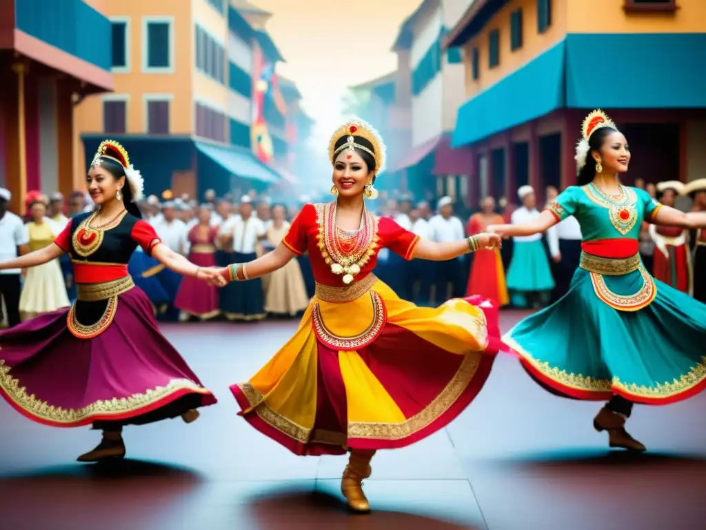 Grupo de bailarines de diferentes culturas lucen trajes vibrantes y detallados, ejecutando movimientos sincronizados frente a una multitud diversa