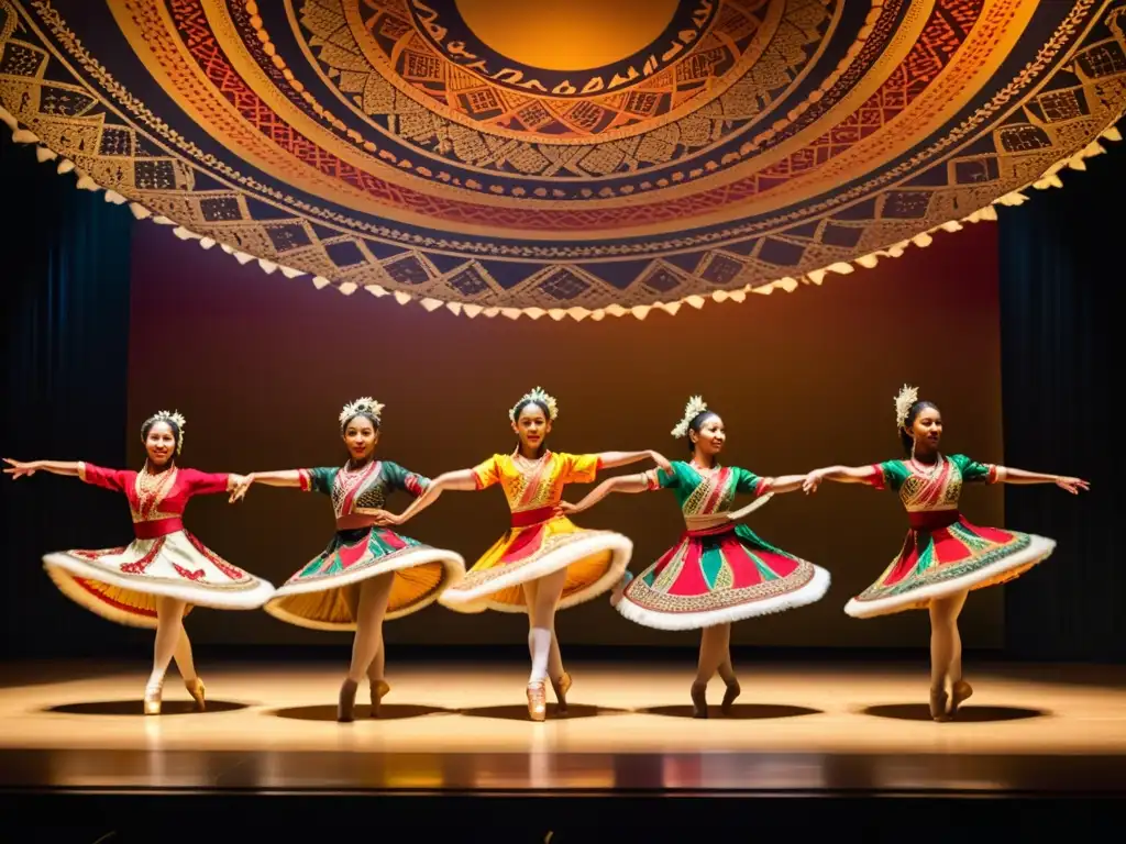 Grupo de bailarines de diversas culturas y trajes tradicionales realizando una rutina sincronizada en un escenario con símbolos culturales