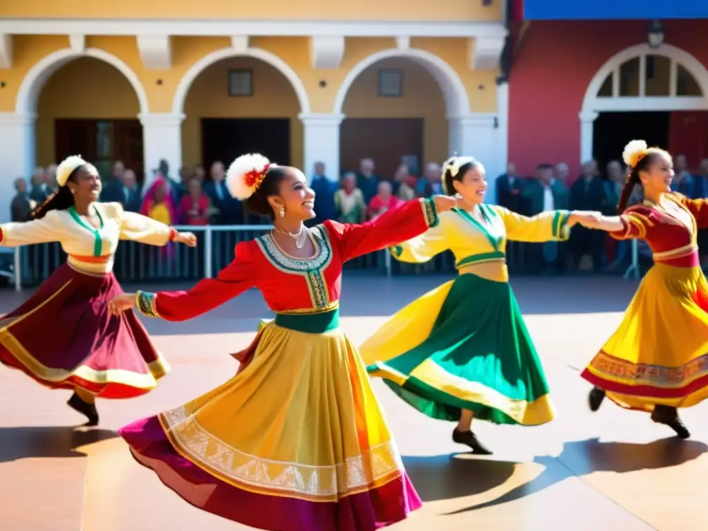 Grupo de bailarines de diferentes culturas danzando en trajes tradicionales en una plaza soleada