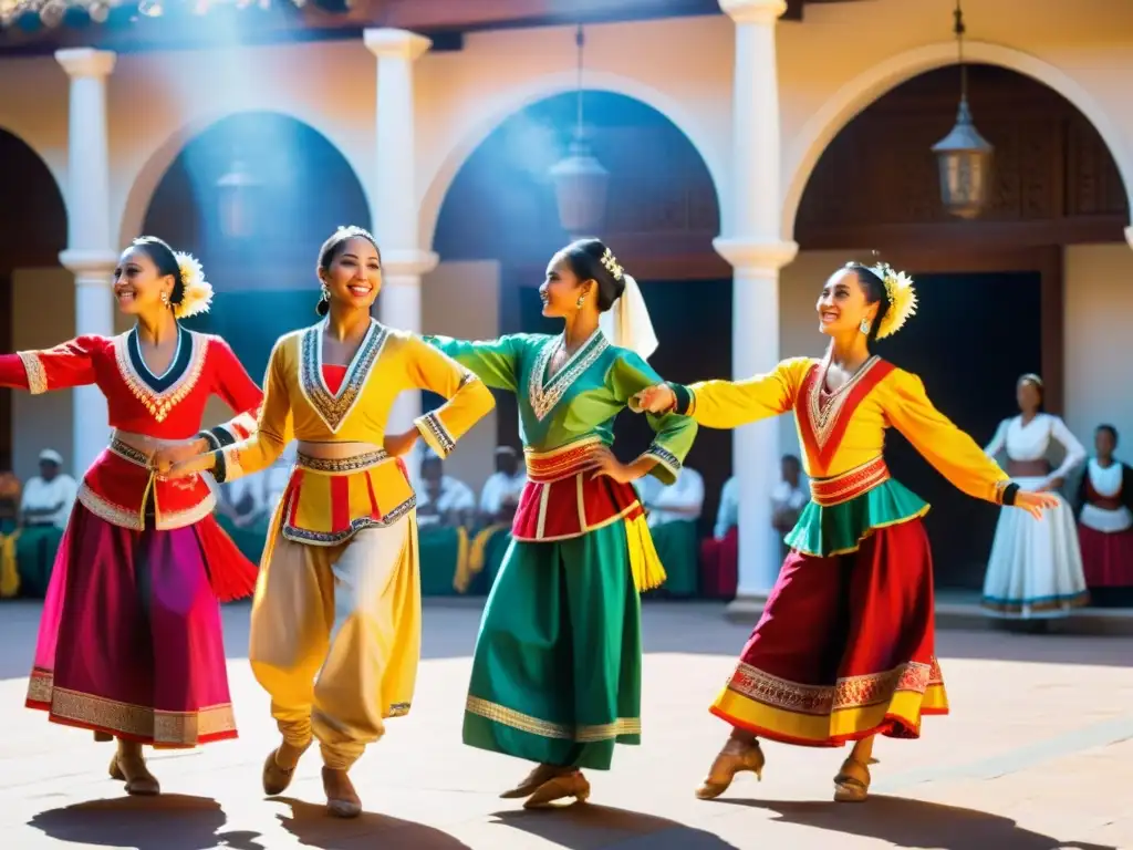 Grupo de bailarines de diferentes culturas en trajes coloridos, interpretando la danza para conectar culturas en un patio soleado