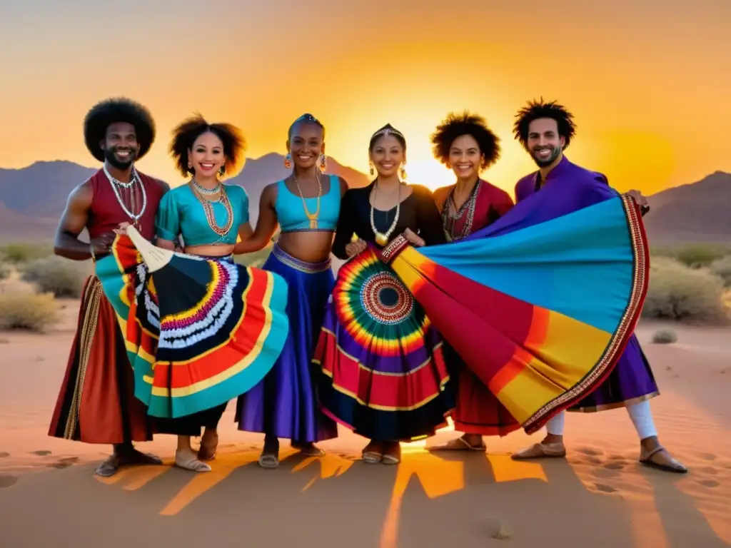 Danza transcultural: unión de tradiciones Un grupo de bailarines de diversas culturas, con trajes tradicionales vibrantes, bailando al atardecer en el desierto