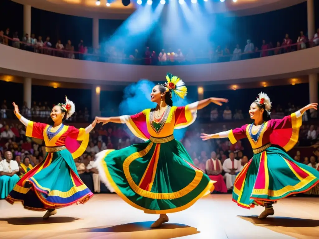 Grupo de bailarines de diferentes culturas en trajes coloridos, danza sincronizada ante una audiencia diversa