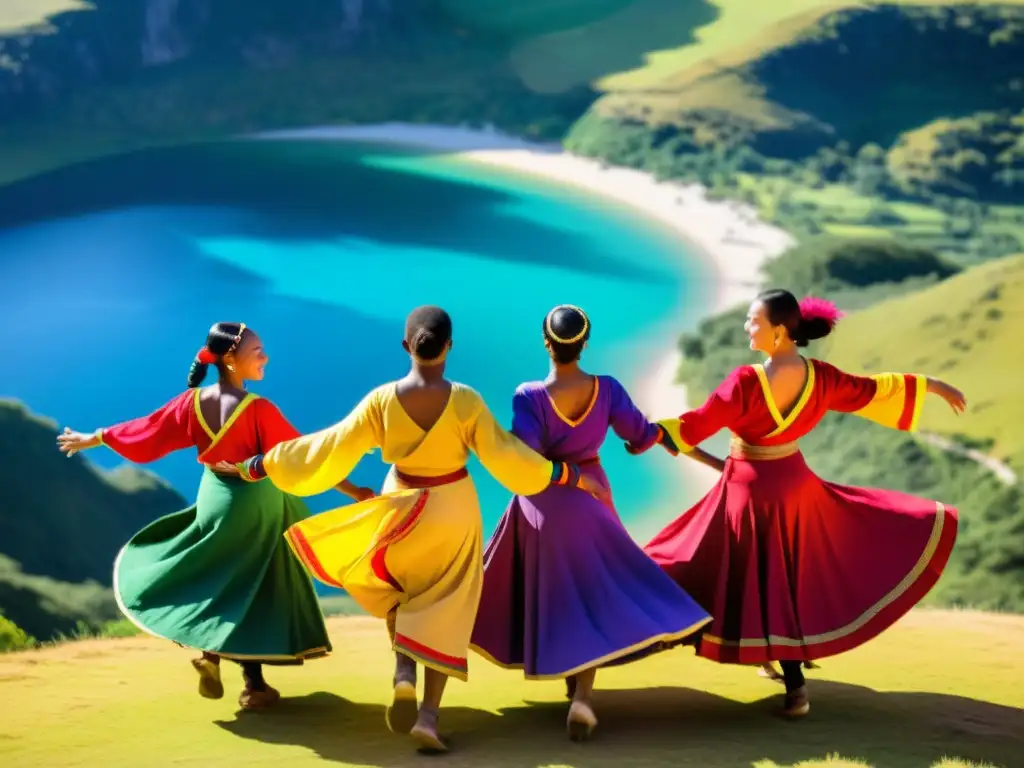 Grupo de bailarines de diferentes culturas con trajes coloridos, danza tradicional en paisaje natural