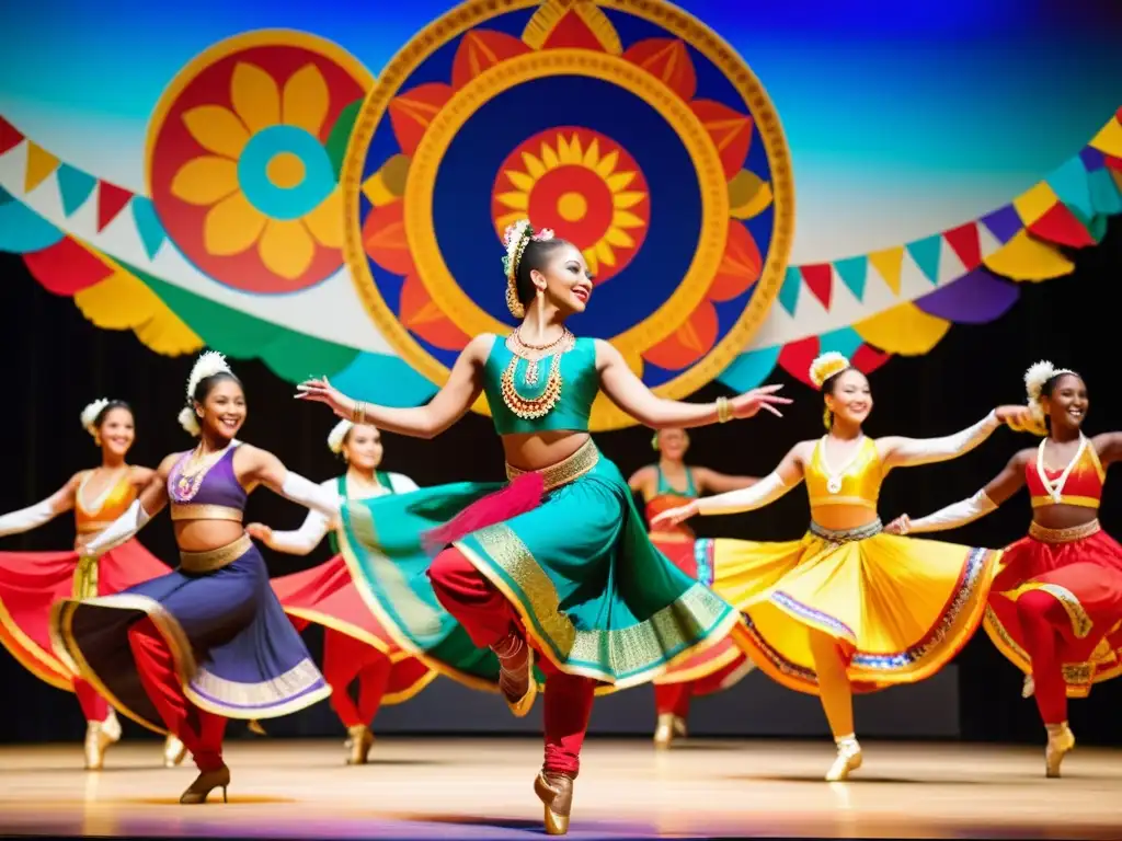 Grupo de bailarines de diferentes culturas realizando una vibrante rutina en un escenario adornado con decoraciones tradicionales coloridas, capturando la esencia de festivales de danza internacionales y su significado cultural