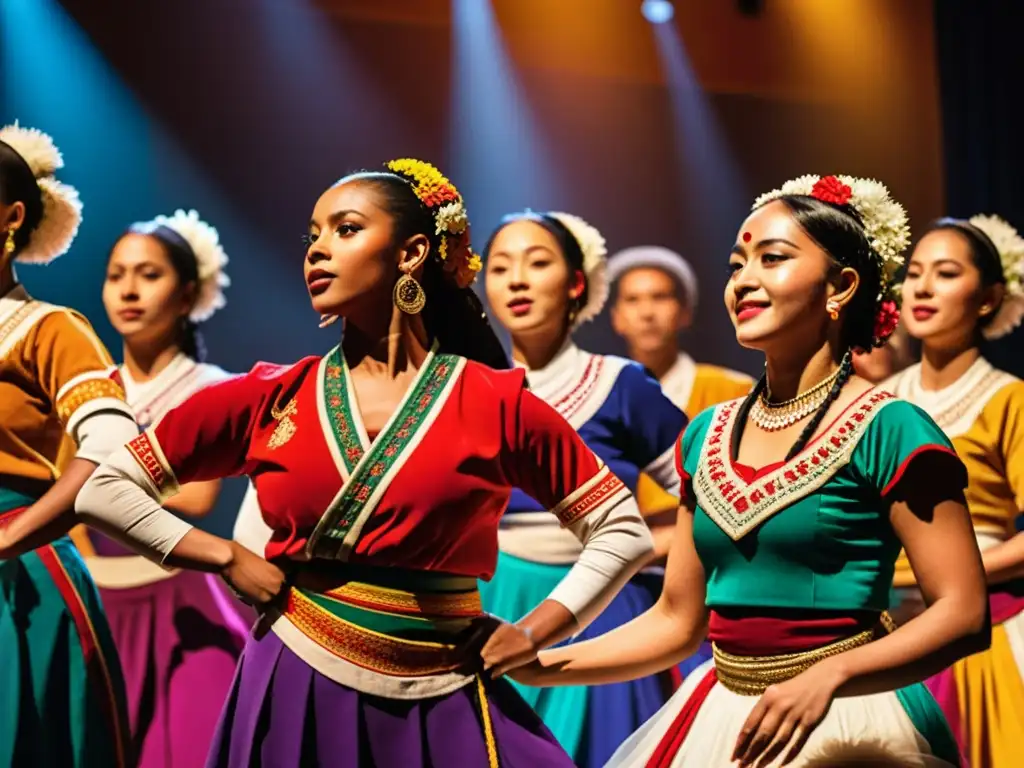 Grupo de bailarines de diferentes culturas en vibrantes trajes representativos, en una presentación que transmite el significado cultural de las danzas tradicionales