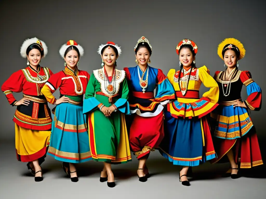 Grupo de bailarines de diferentes culturas en vibrantes trajes tradicionales