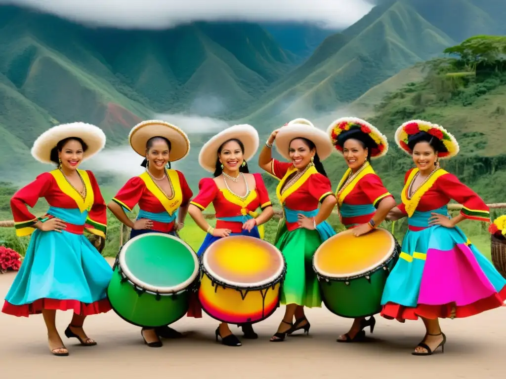 Grupo de bailarines de cumbia colombiana en vibrantes trajes multicolores, danzando con pasión en retiros de danza tradicional en Colombia