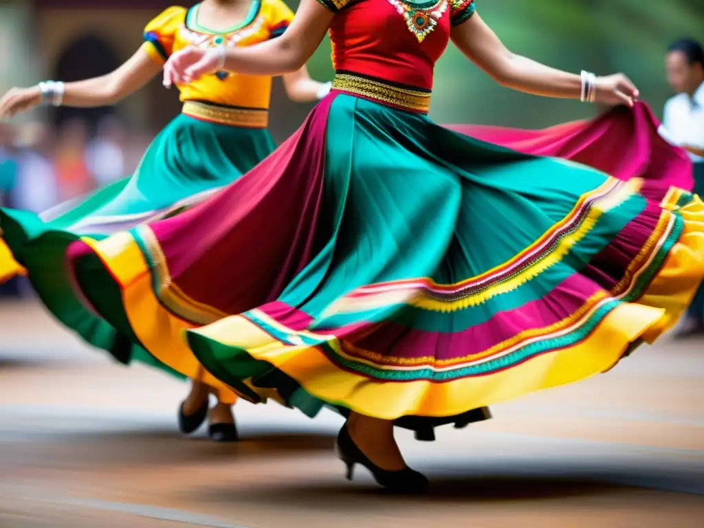 Un grupo de bailarines de cumbia tradicional con trajes vibrantes y patrones intrincados, capturando la energía y la pasión de la danza