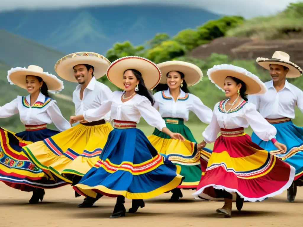 Grupo de bailarines de cumbia tradicional colombiana en coloridos trajes, danzando bajo el cielo abierto