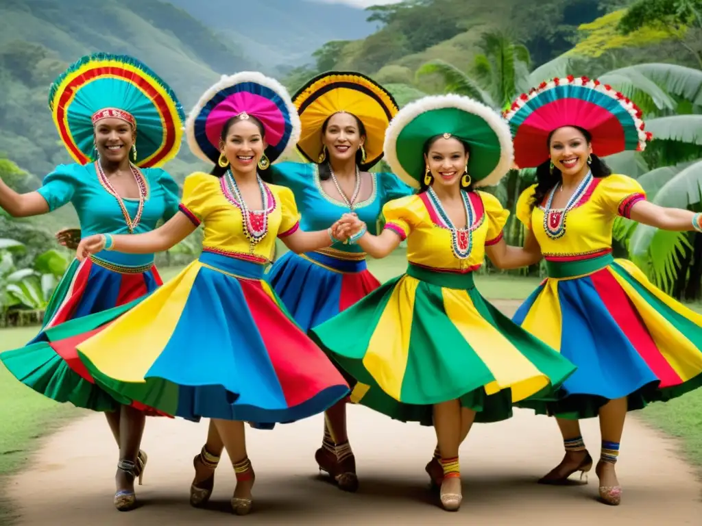 Grupo de bailarines de cumbia tradicional colombiana con trajes multicolores y tocados, bailando con gracia en la selva