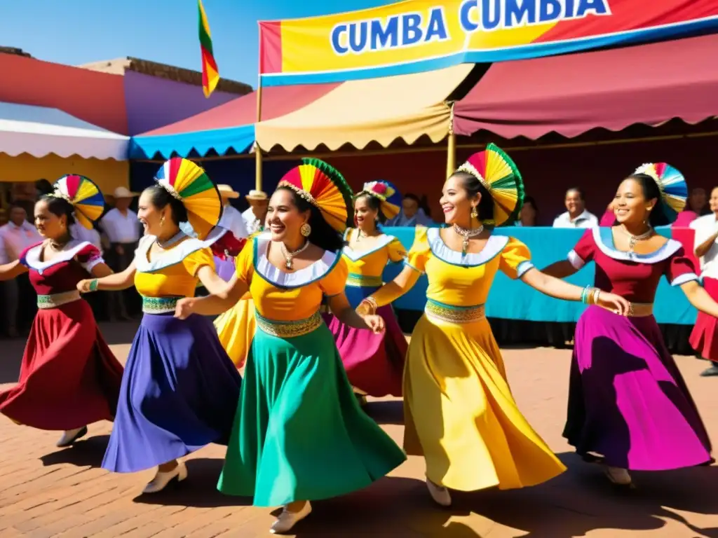 Un grupo de bailarines de cumbia tradicional en trajes vibrantes, moviéndose con gracia y alegría en un mercado al aire libre