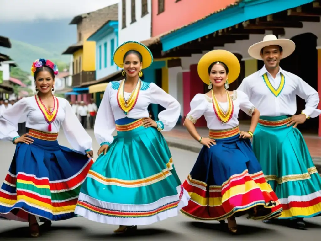 Grupo de bailarines de cumbia en Colombia con trajes coloridos y vibrantes, capturando la alegría de la danza