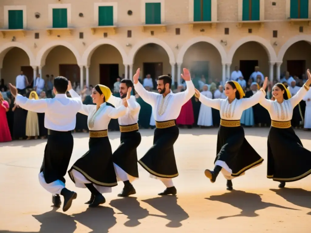 Grupo de bailarines ejecutando el Dabke libanés en coloridos trajes bordados, rodeados de espectadores