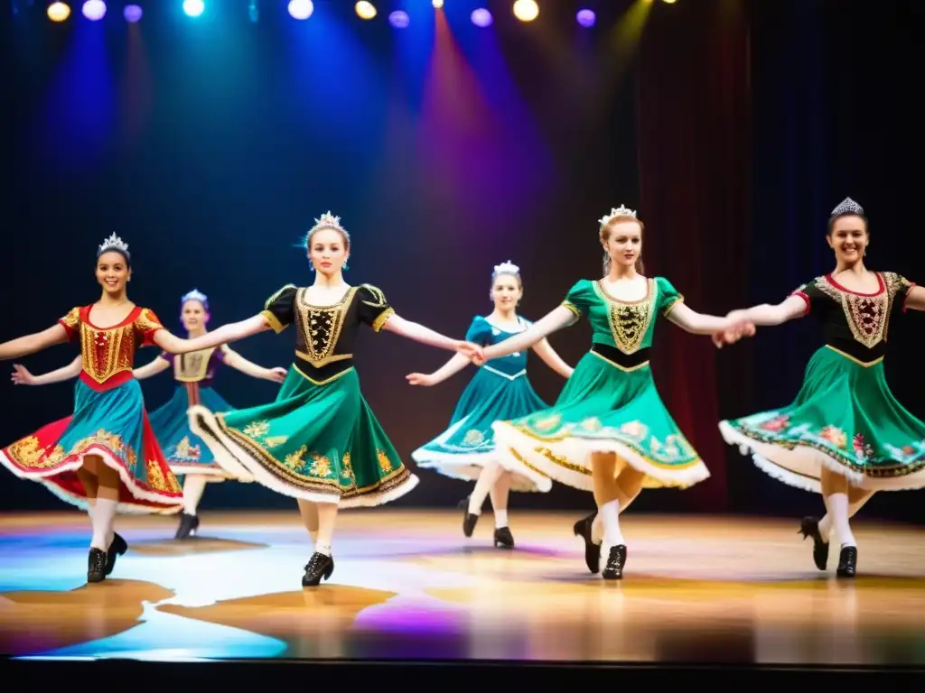 Grupo de bailarines de Irish Step Dance ejecutando una actuación impresionante en un escenario