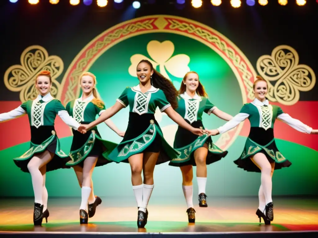 Grupo de bailarines de Irish Step Dance ejecutando una rutina sincronizada en un escenario