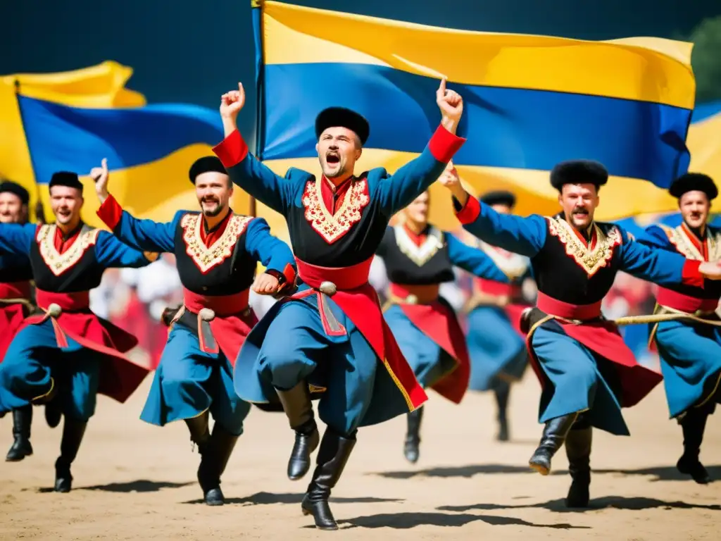 Grupo de bailarines Cossack Dance en salto, vistiendo trajes tradicionales ucranianos, transmitiendo fuerza y pasión en su actuación