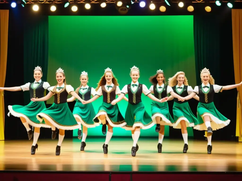 Grupo de bailarines de Irish Step Dance en trajes tradicionales realizando una rutina sincronizada en un escenario, con una audiencia animada