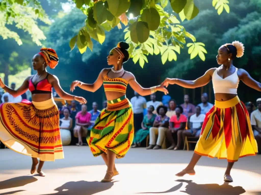 Grupo de bailarines ejecutando danza africana en un entorno vibrante al aire libre