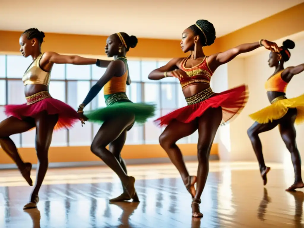 Grupo de bailarines de danza africana practicando rutinas de acondicionamiento físico con gracia y fuerza en un estudio soleado y espacioso