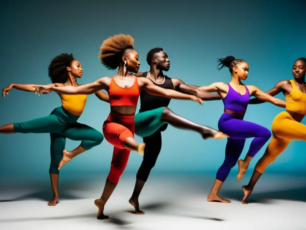 Grupo de bailarines de danza africana en estudio, mostrando fuerza, flexibilidad y agilidad